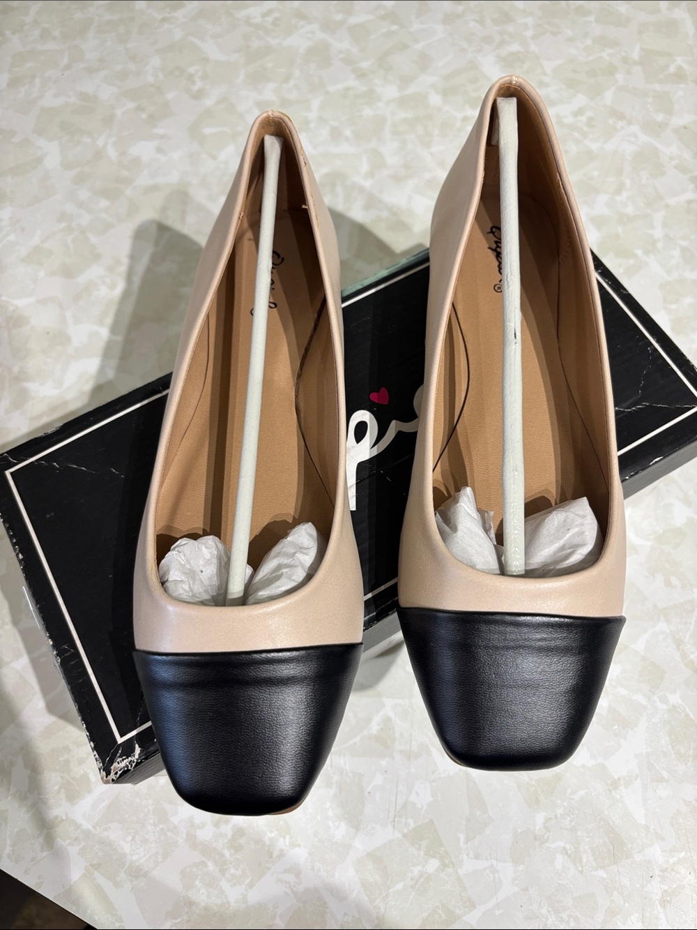 Qupid Two-Tone Beige and Black Square-Toe Ballet Flats